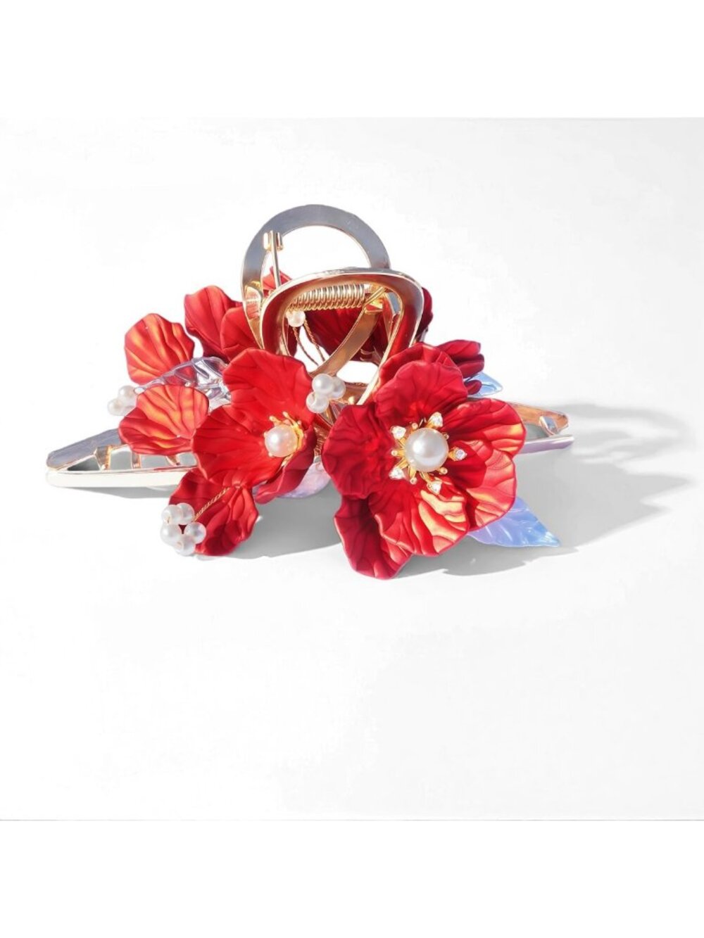 Elegant Red Rose Pearl Hair Claw Clip - 4.5 Inch Stylish Hair Accessory